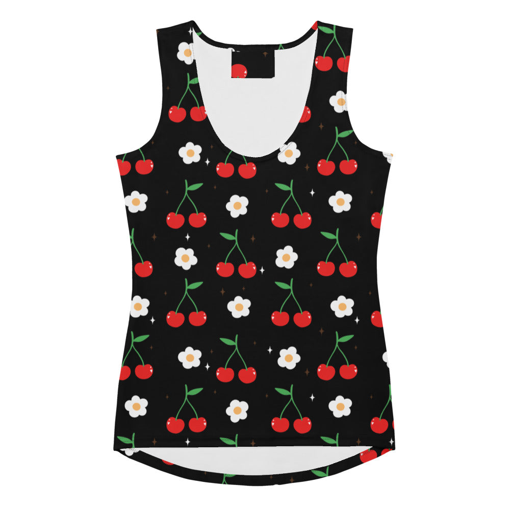 Black women’s cherry and daisy print tank top quick drying buttery soft fabric with upf 50 plus and sparkles