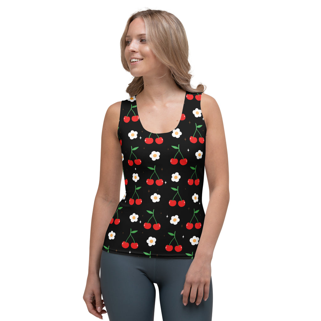 Women’s black sleeveless cherry and daisy print tank top in quick drying buttery soft fabric with upf 50 plus