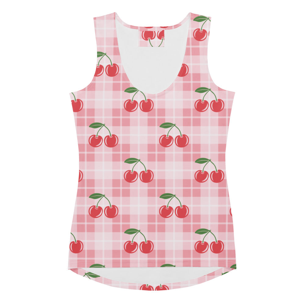 Women’s pink gingham cherry tank top with plaid pattern white lining quick drying buttery soft fabric upf 50+