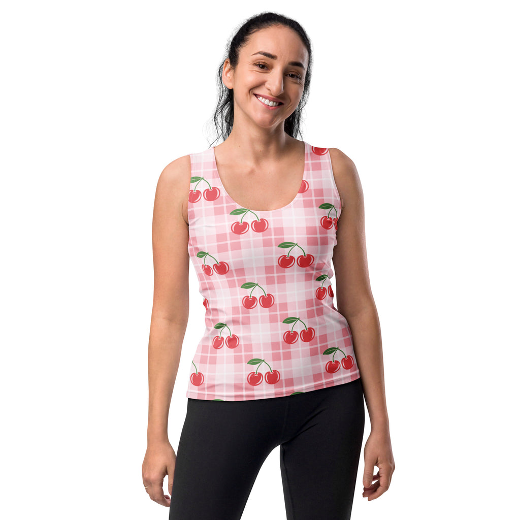 Women’s pink gingham cherry tank top with quick drying buttery soft fabric and upf 50 plus sun protection