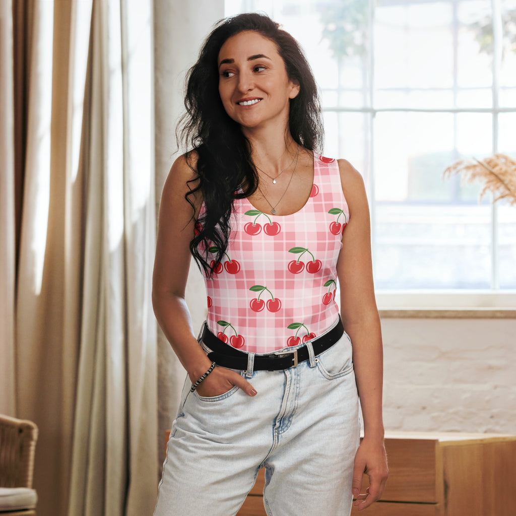 Women’s pink gingham cherry tank top sleeveless quick drying buttery soft fabric with upf 50 plus
