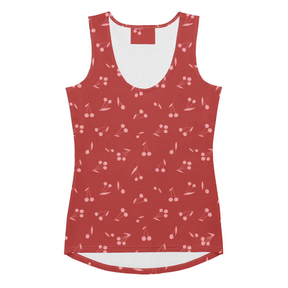 Women’s minimal red tank top with playful pink and white cherry print made from quick drying buttery soft fabric with UPF 50+