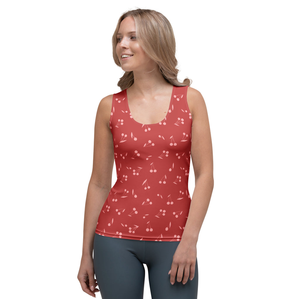 Women’s minimal red cherry print sleeveless tank top with scoop neckline quick drying buttery soft fabric upf 50+