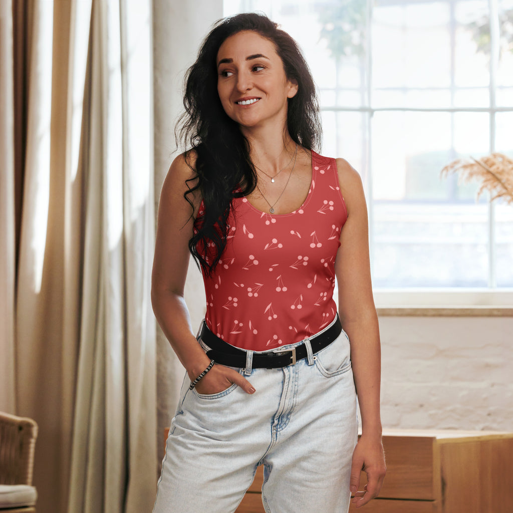 Women’s minimal red cherry print sleeveless top with quick drying buttery soft fabric and upf 50 plus protection