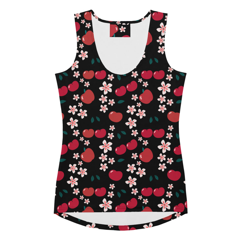 Women’s black tank top with red cherries and pink blossoms quick drying buttery soft fabric with upf 50 plus