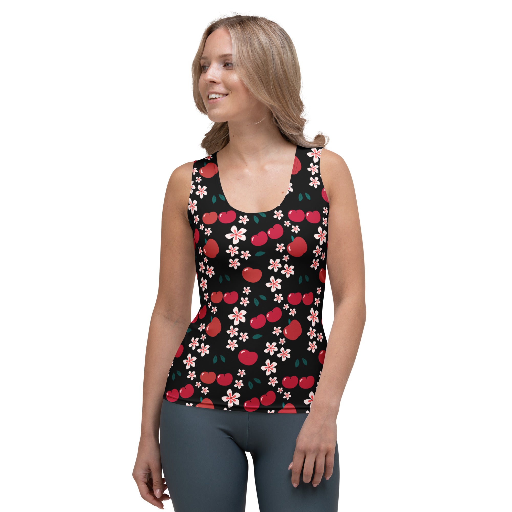 Black women’s tank top with vibrant red cherry and pink floral print made from quick drying buttery soft fabric with UPF 50+