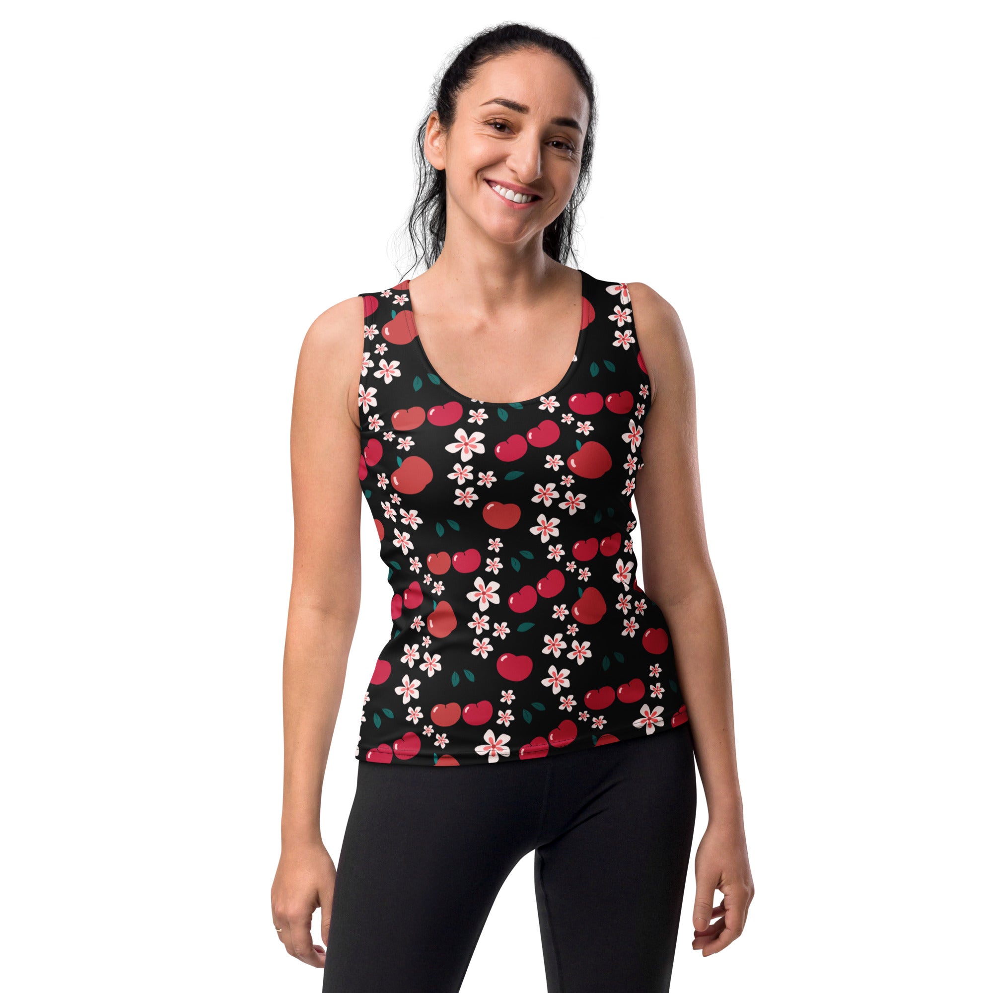 Black sleeveless women’s tank top with vibrant red cherry and pink floral print made of quick drying buttery soft fabric