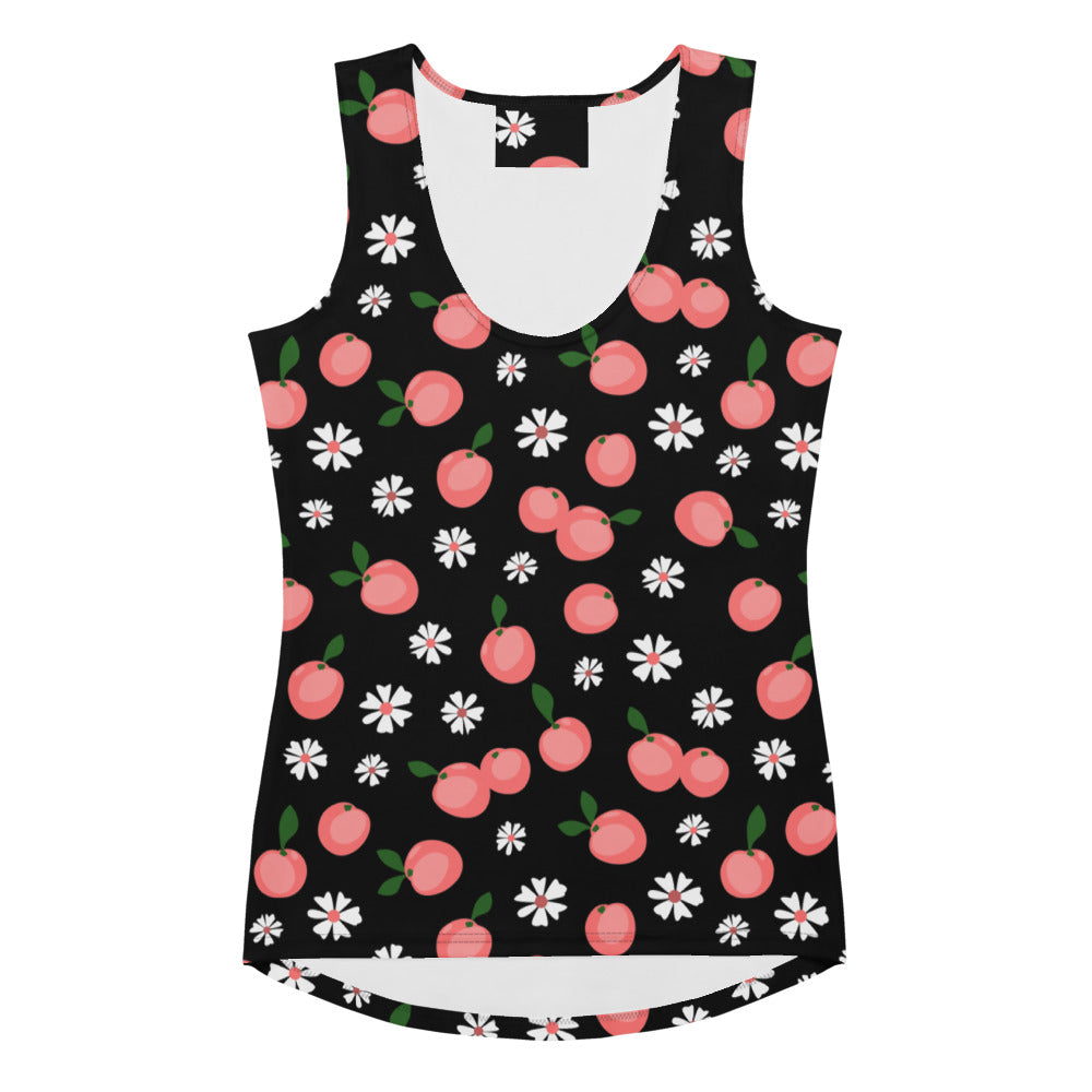 Black women’s tank top with playful pink peach and white daisy print made of quick drying buttery soft fabric with UPF 50+