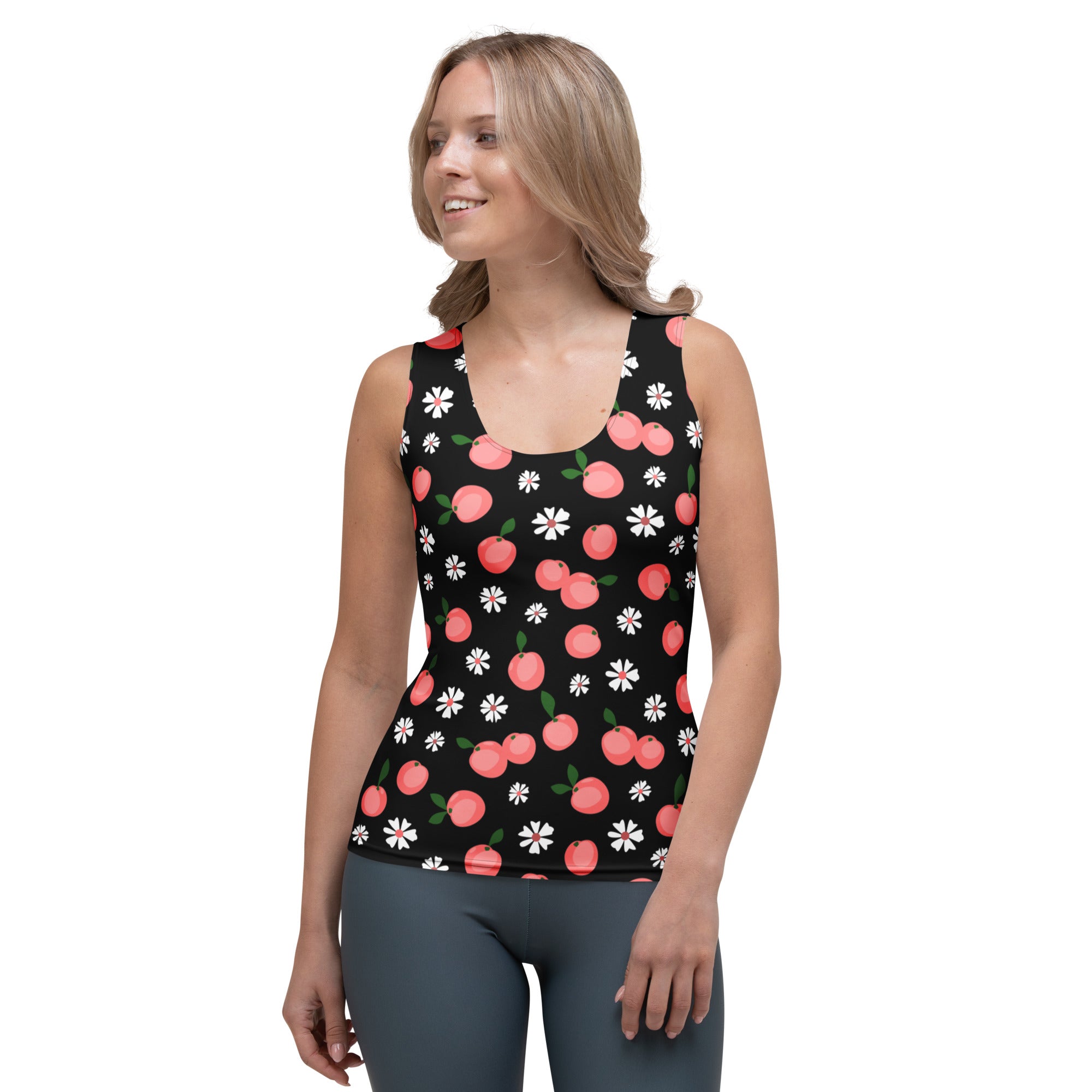 Black tank top with playful pink cherry and white daisy print made of buttery soft quick drying fabric with upf 50+