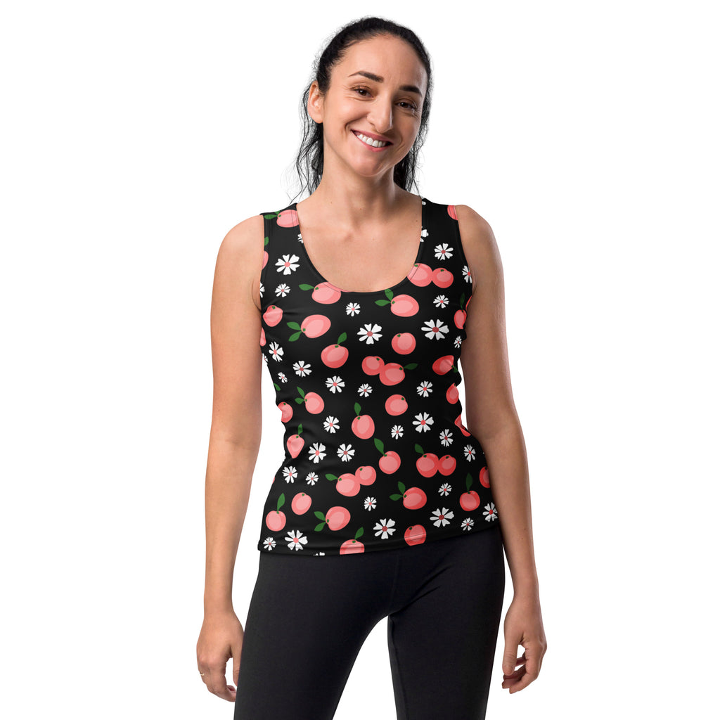 Women’s black tank top with playful pink peaches and white daisies quick drying buttery soft fabric upf 50+