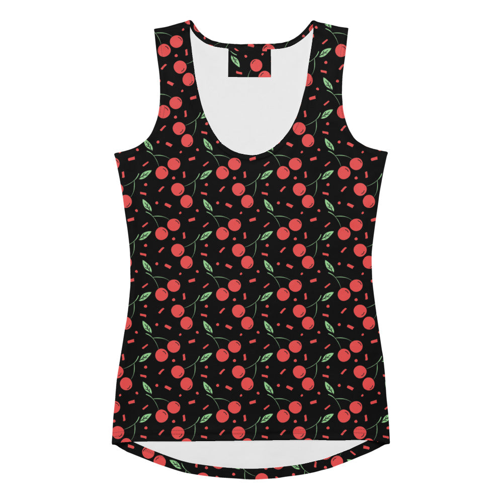 Black women’s cherry print tank top with vibrant red cherries green leaves pink dots quick drying soft fabric upf 50+