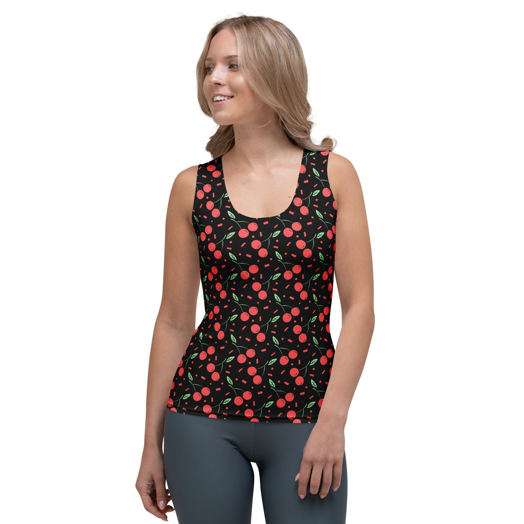 Women’s black cherry print tank top with quick drying buttery soft fabric and upf 50 plus protection