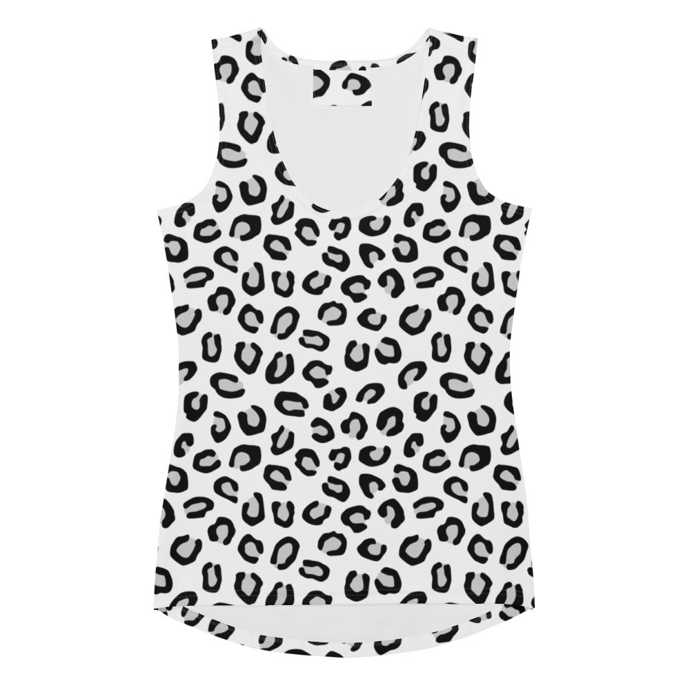 White tank top with black leopard print featuring quick drying buttery soft fabric and upf 50 plus protection