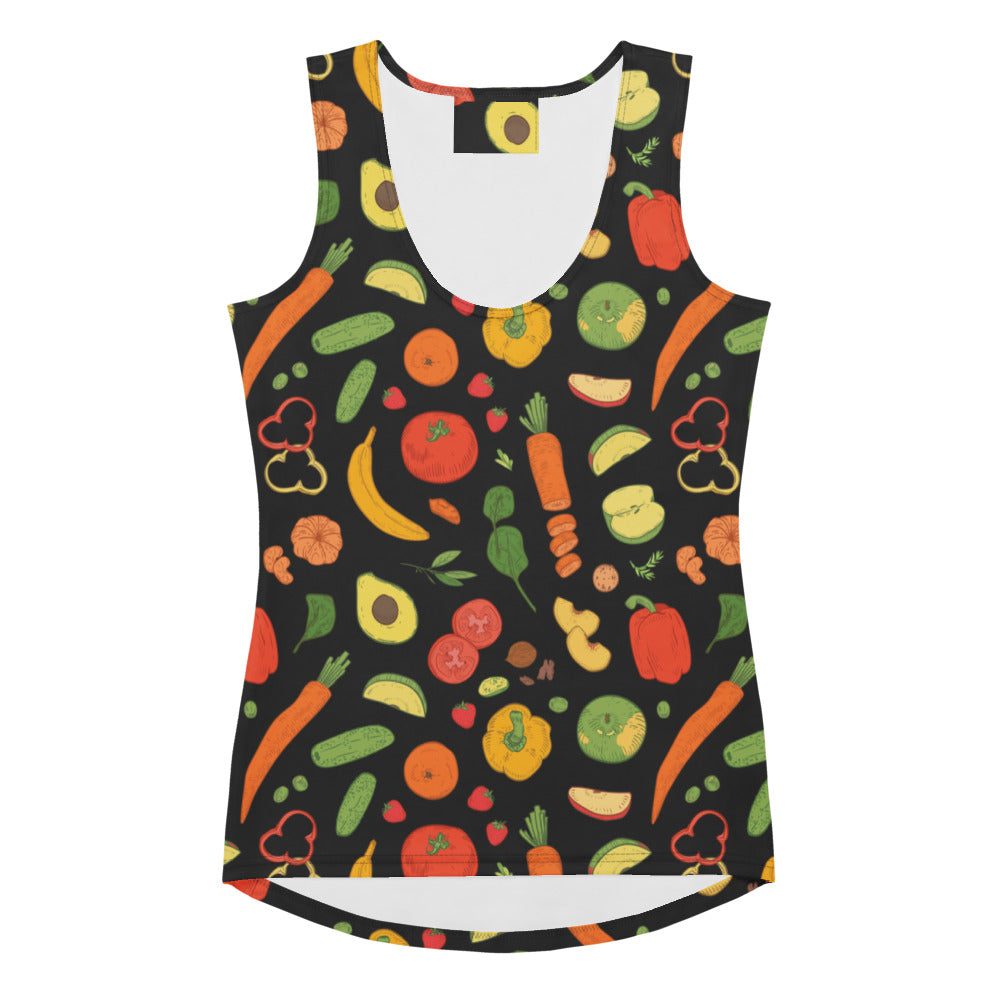 Black sleeveless women’s tank top with vibrant vegetable print quick drying buttery soft fabric upf 50+