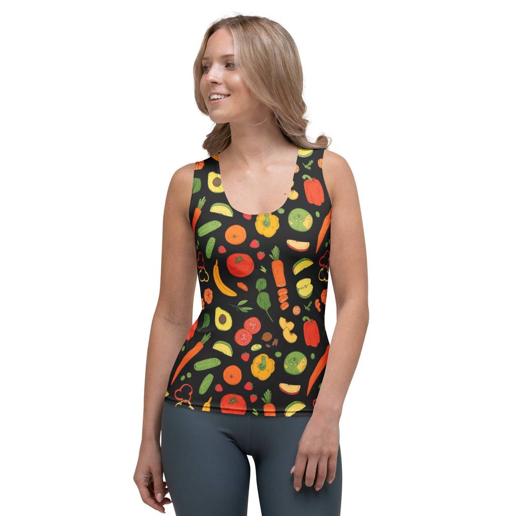 Black sleeveless women’s vegetable print tank top with buttery soft quick drying fabric and UPF 50+ protection
