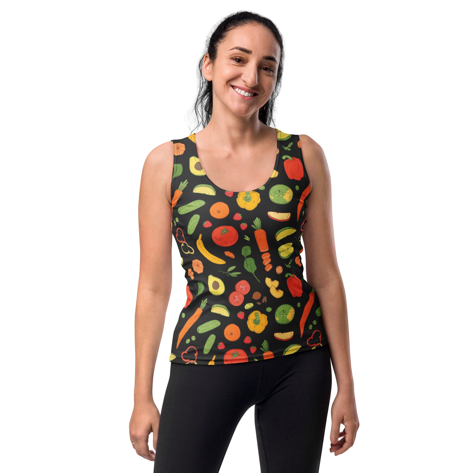 A black sleeveless women’s tank top with a vibrant vegetable print made of quick drying buttery soft fabric with UPF 50+
