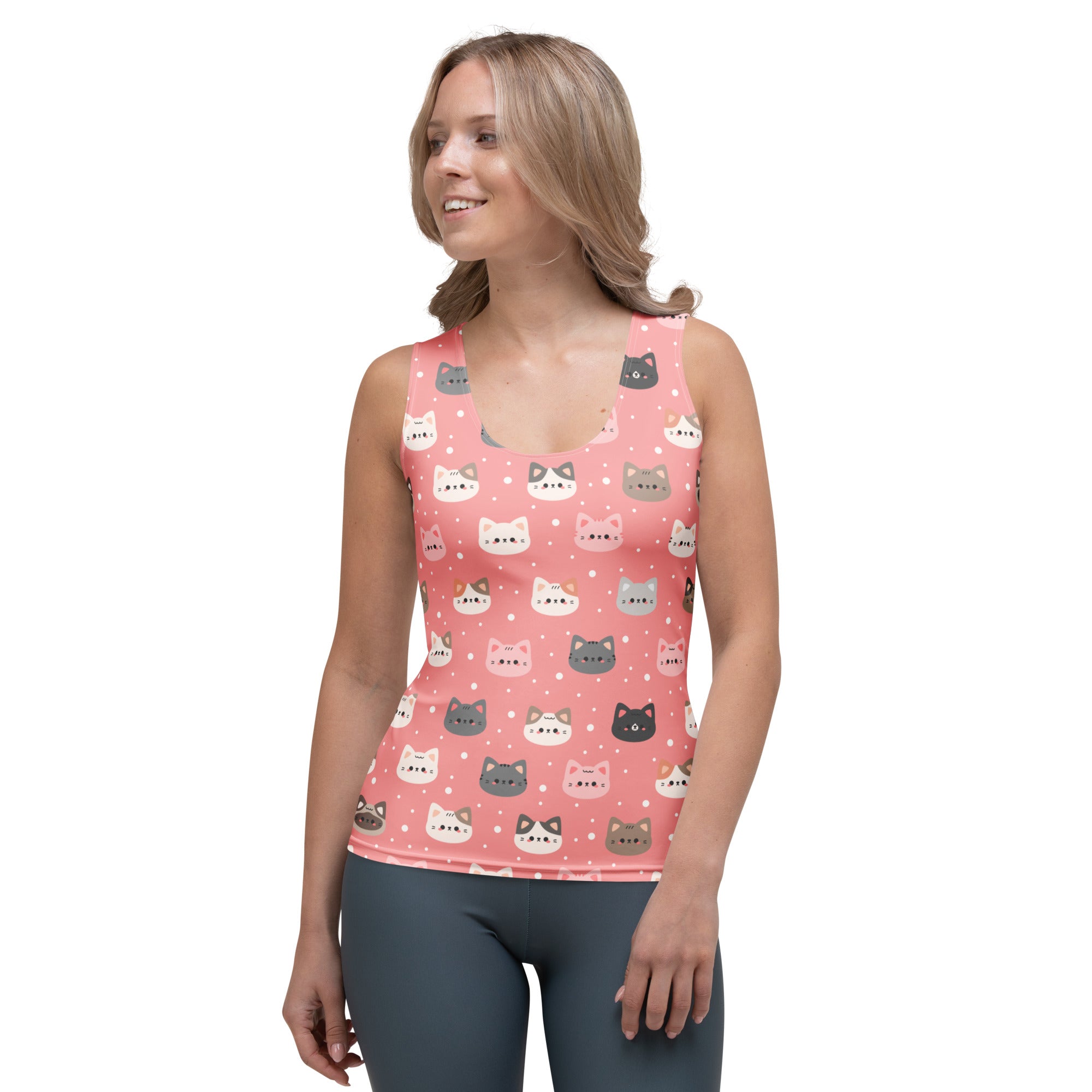 Women’s cute pink cat faces tank top with quick drying buttery soft fabric and playful cartoon cat pattern