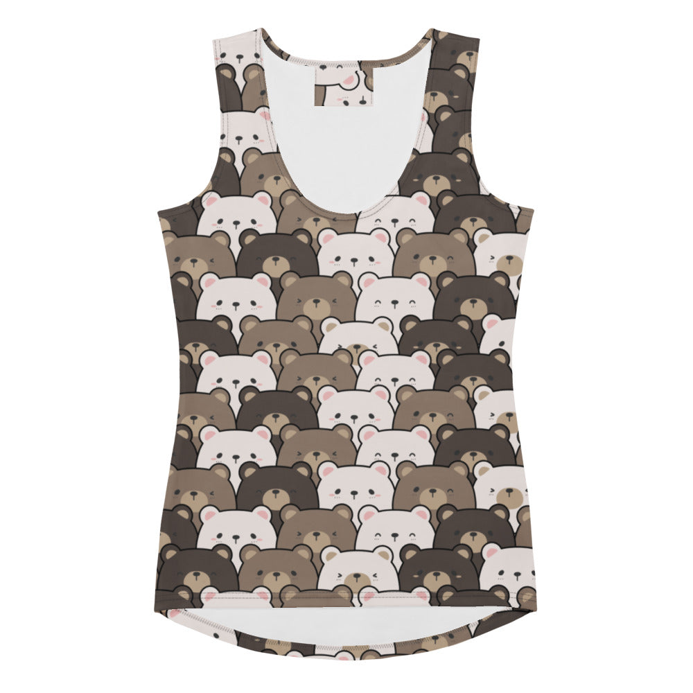 Women’s kawaii bear tank top with playful brown and white bears quick drying buttery soft fabric upf 50 plus