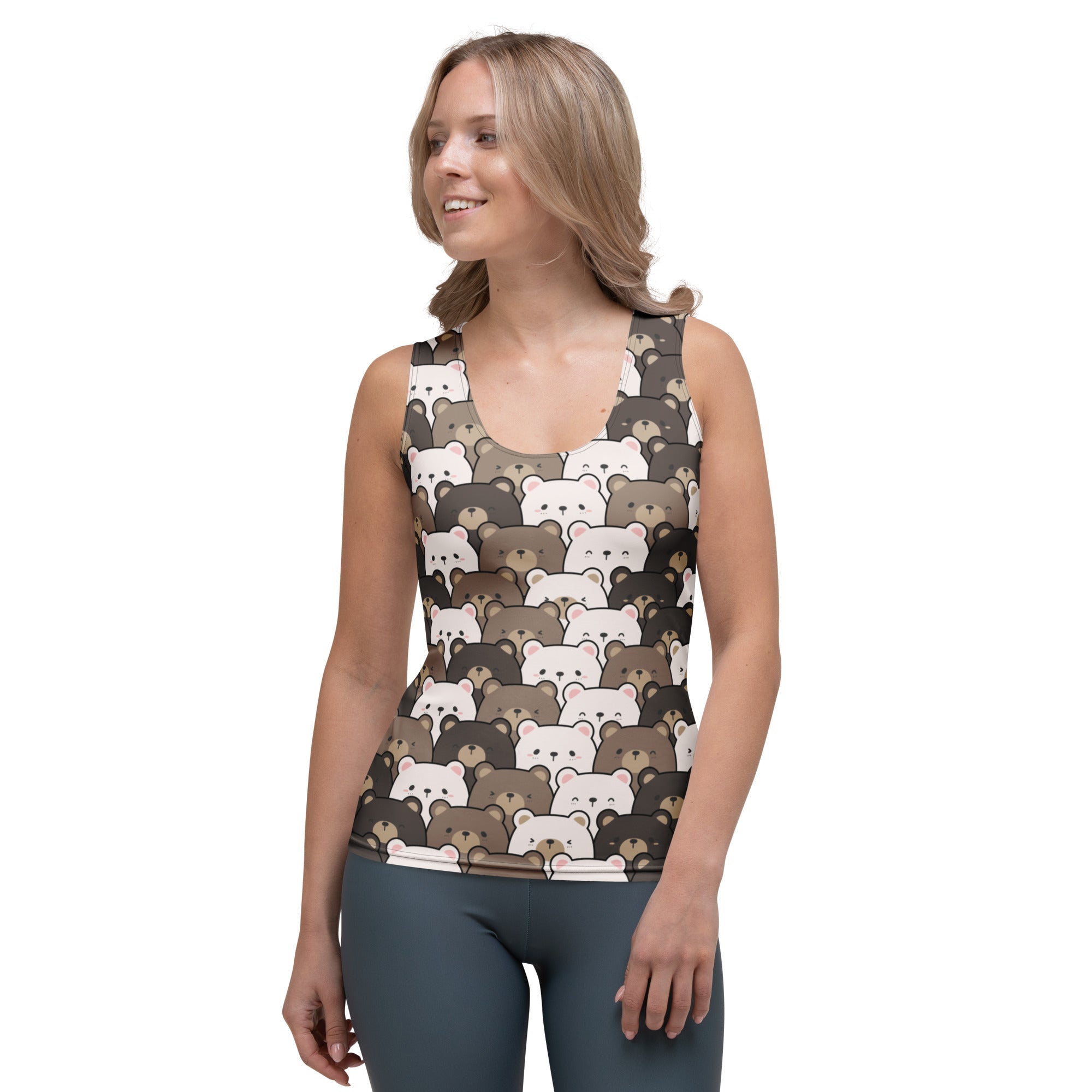 Women’s kawaii bear tank top with playful white brown and gray cartoon bears made from quick drying buttery soft fabric with upf 50+