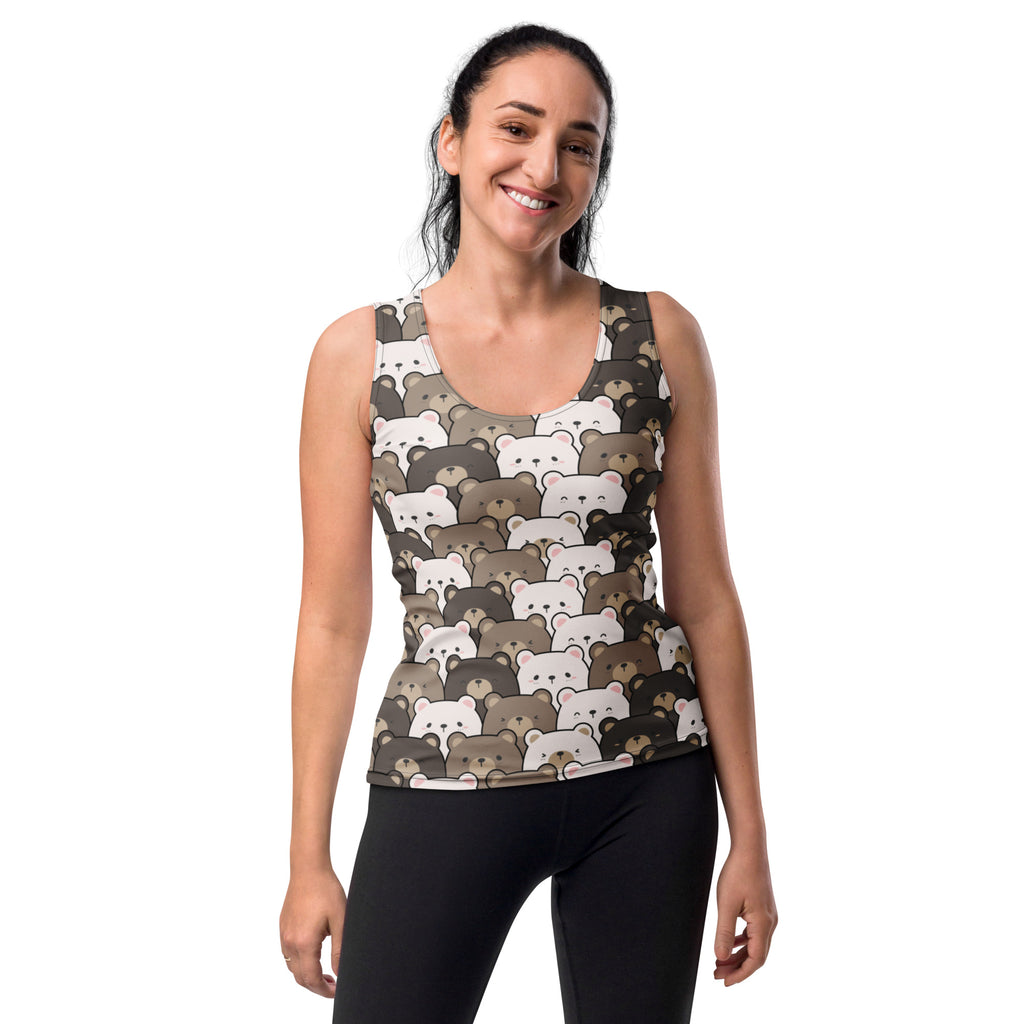Women’s kawaii bear tank top in dark color with cartoon bear pattern quick drying buttery soft fabric upf 50+
