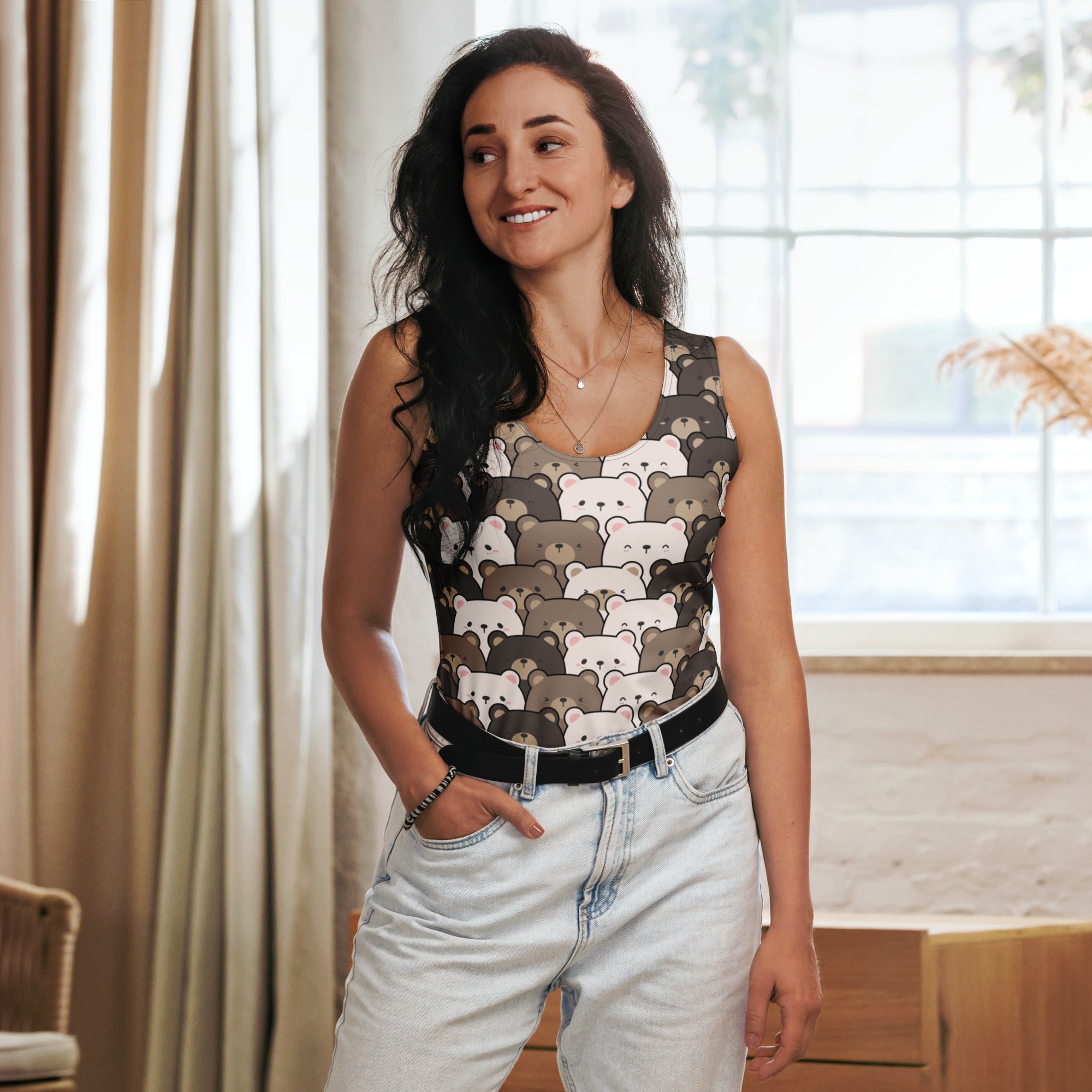 Women’s kawaii bear tank top in dark gray featuring white and brown bear faces made of quick drying buttery soft fabric with UPF 50+