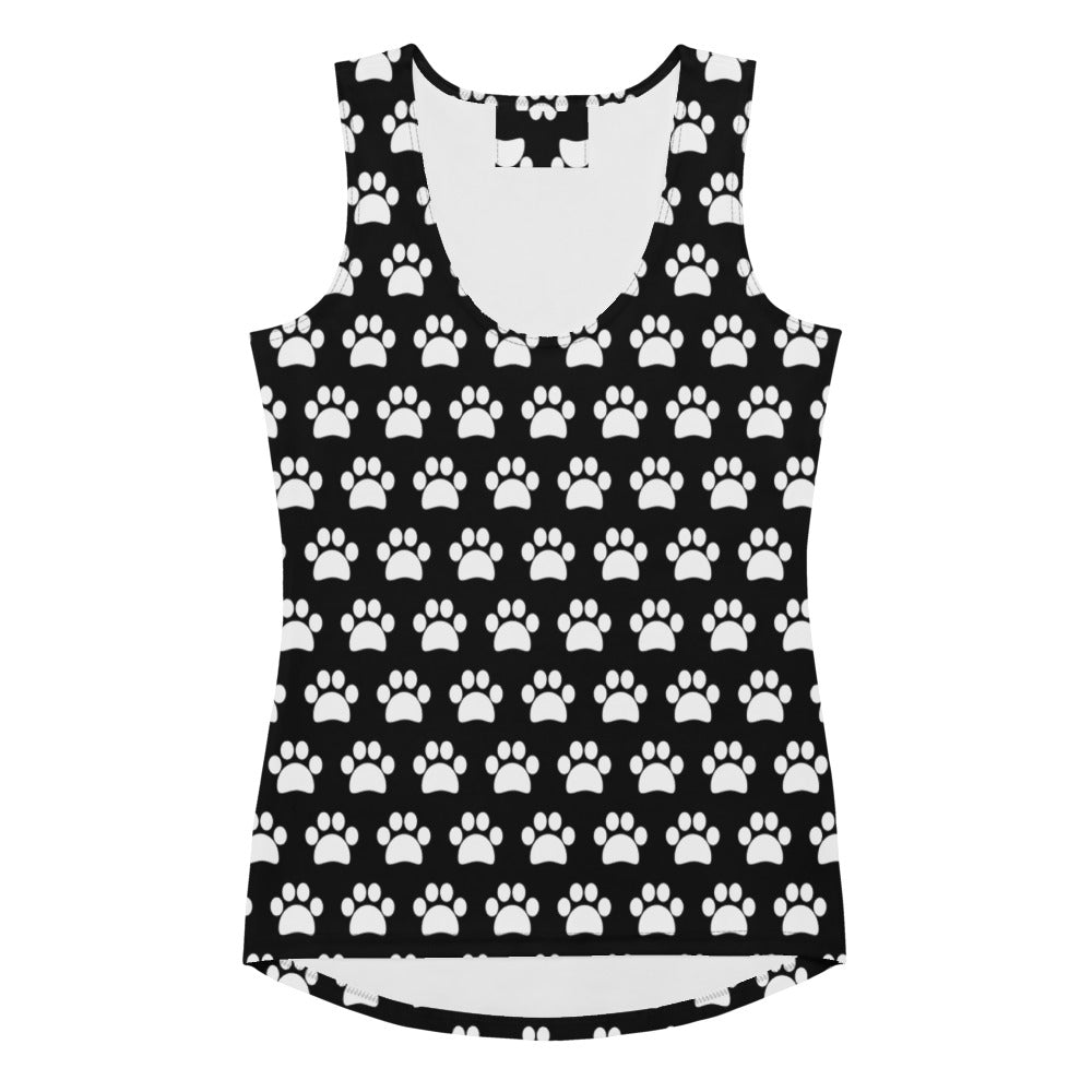 Women’s black and white paw print tank top with quick drying buttery soft fabric and upf 50+ protection