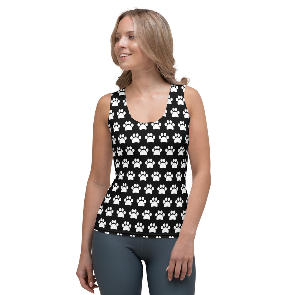 Women’s black and white paw print tank top quick drying buttery soft fabric with upf 50 plus front view