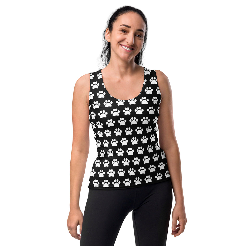 Women’s black and white paw print tank top with quick drying buttery soft fabric and upf 50 plus protection