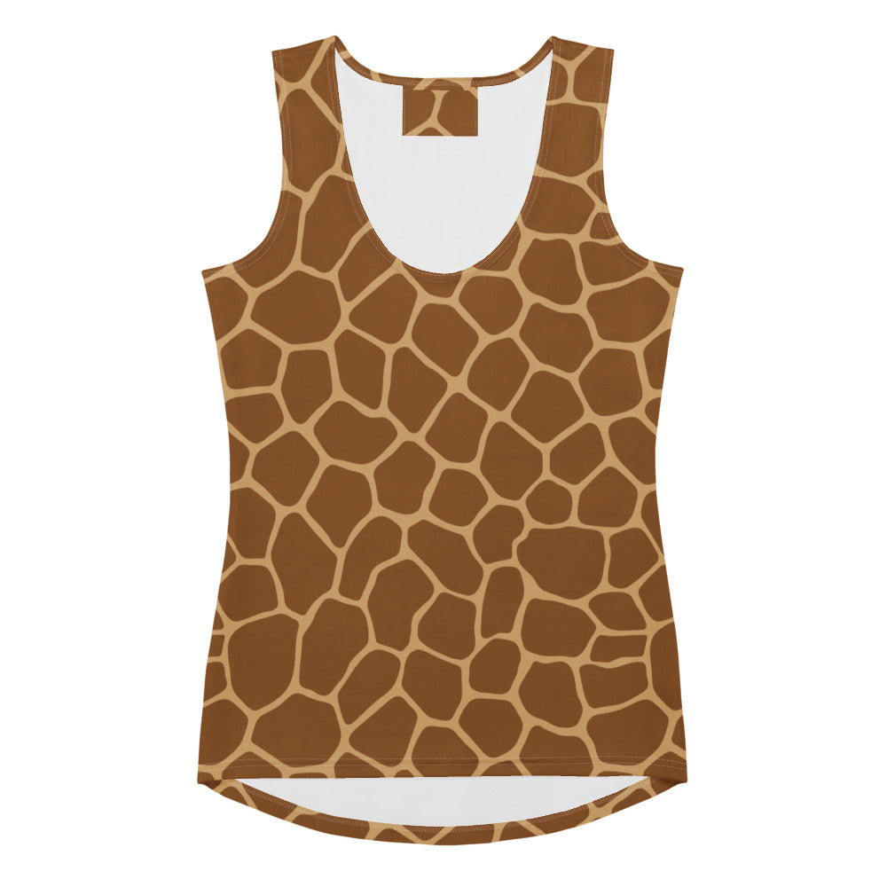 Women’s giraffe print tank top with brown and tan patches made from stretchy, quick drying fabric with UPF 50+