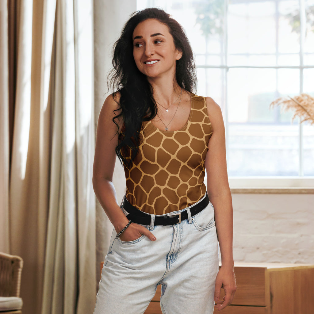 Women’s giraffe print tank top in brown and tan with quick drying buttery soft fabric and UPF 50 plus protection
