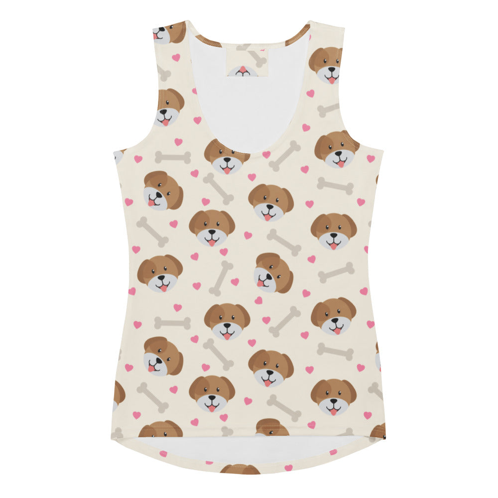 A cream sleeveless women’s tank top with puppy face pattern made of quick drying buttery soft fabric with UPF 50+ protection