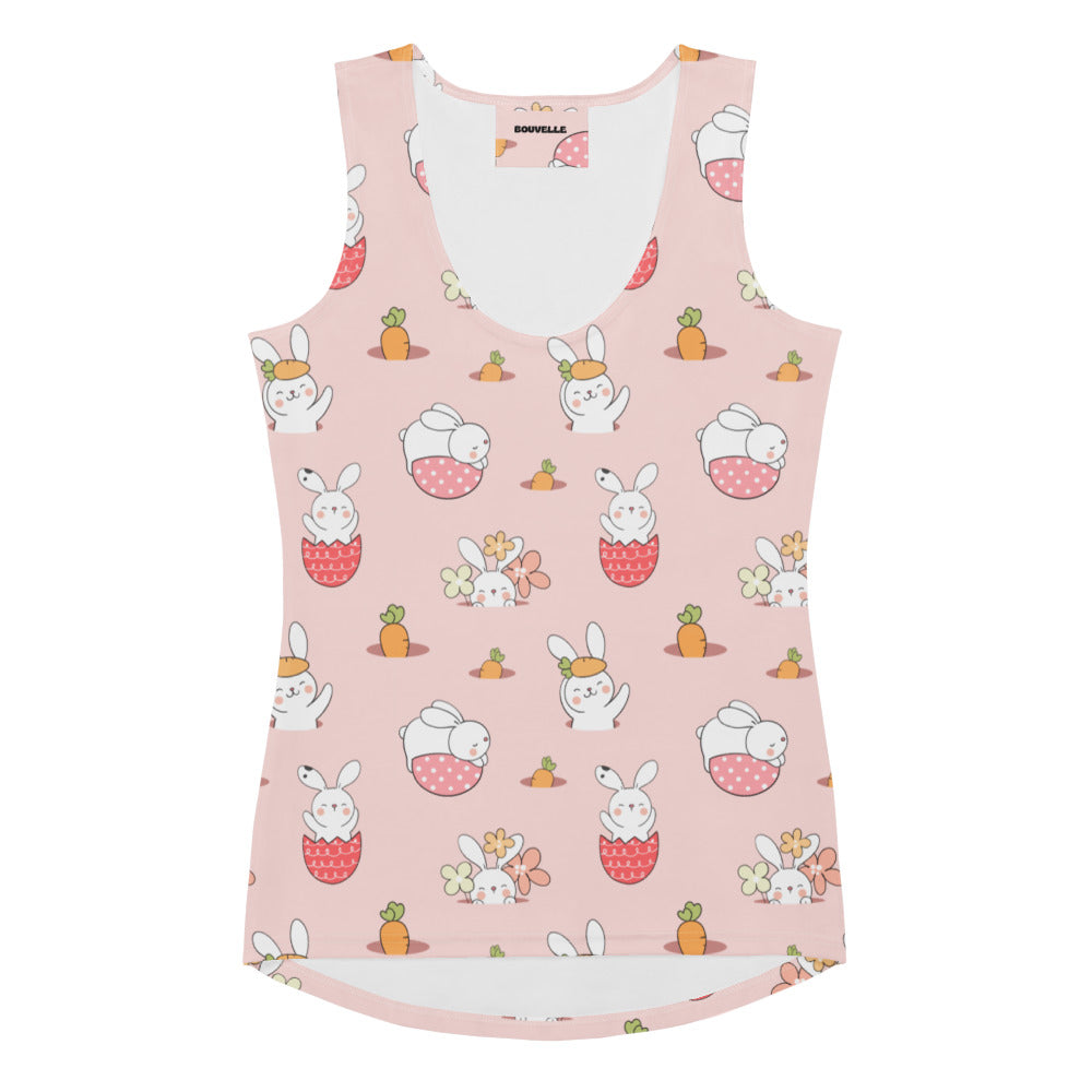 Women’s pink easter bunny tank top with playful white bunnies and carrots pattern in soft cotton blend fabric with upf 50+