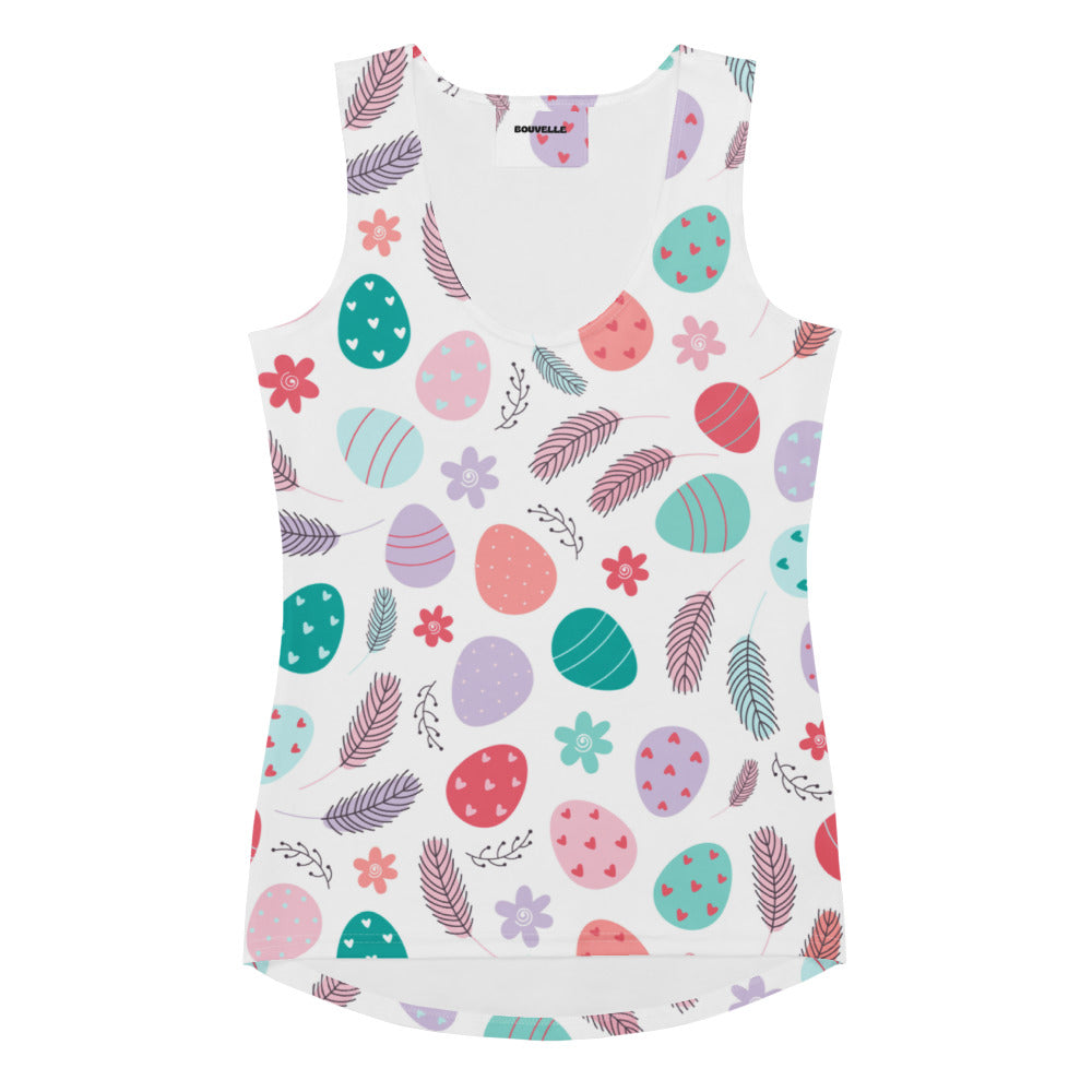 White sleeveless women’s floral Easter egg tank top with pastel pattern in quick drying buttery soft fabric and UPF 50+