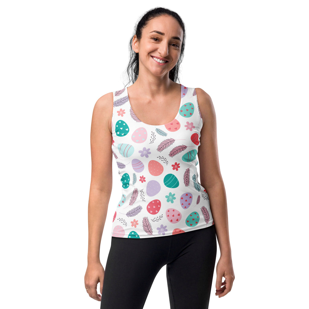 White women’s floral Easter egg tank top with colorful pastel pattern made of quick drying buttery soft fabric with UPF 50+