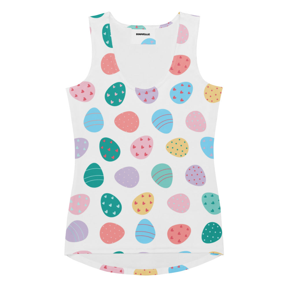 White sleeveless easter egg tank top with colorful pastel pattern made from buttery soft quick drying fabric with upf 50+