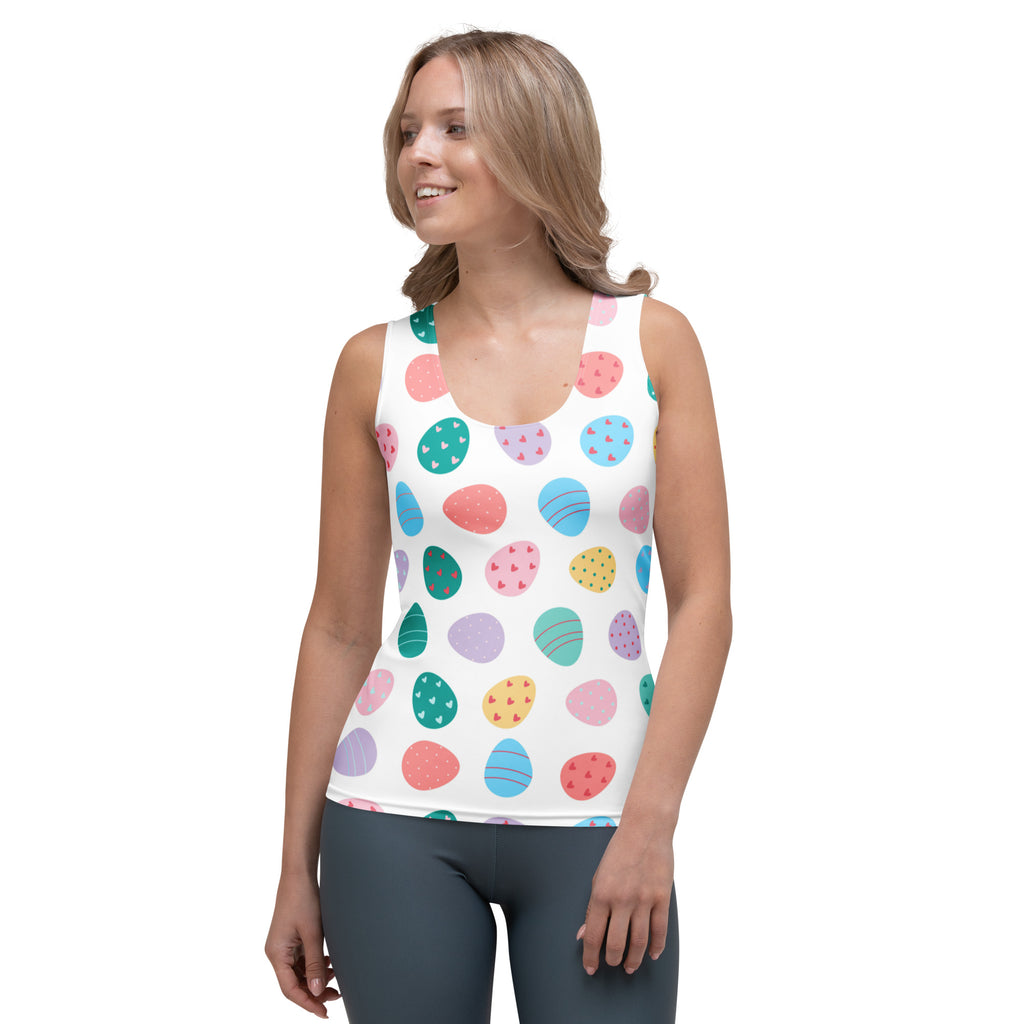 White women’s easter egg tank top with quick drying buttery soft fabric and colorful pastel cartoon eggs pattern