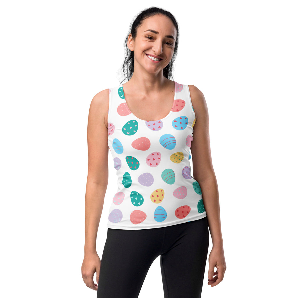White tank top with colorful pastel easter eggs in buttery soft quick drying fabric with upf 50 plus