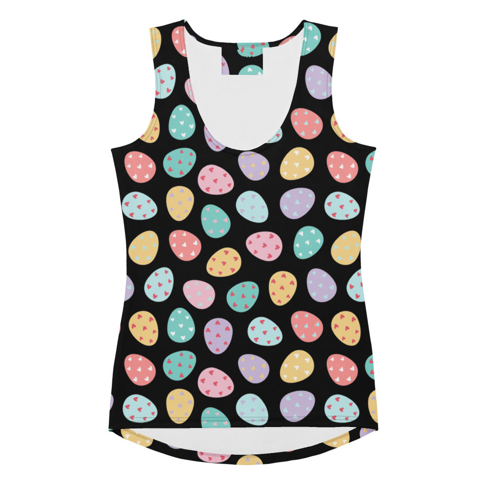 Black women’s tank top with pastel Easter egg pattern in pink yellow teal and lavender made of quick drying buttery soft fabric with UPF 50+