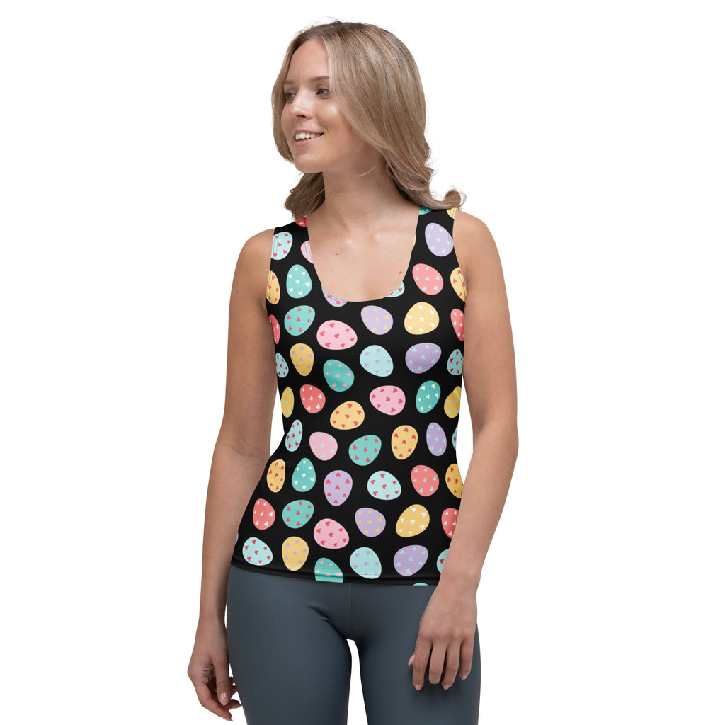 Women’s black sleeveless tank top with colorful pastel easter eggs pattern made of quick drying buttery soft fabric with upf 50+