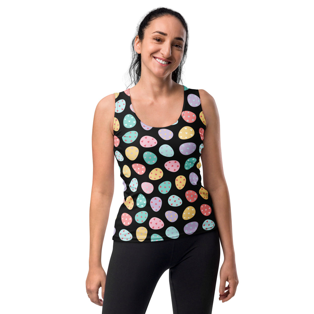 Women’s black tank top with playful pastel easter egg pattern in buttery soft quick drying fabric with upf 50+
