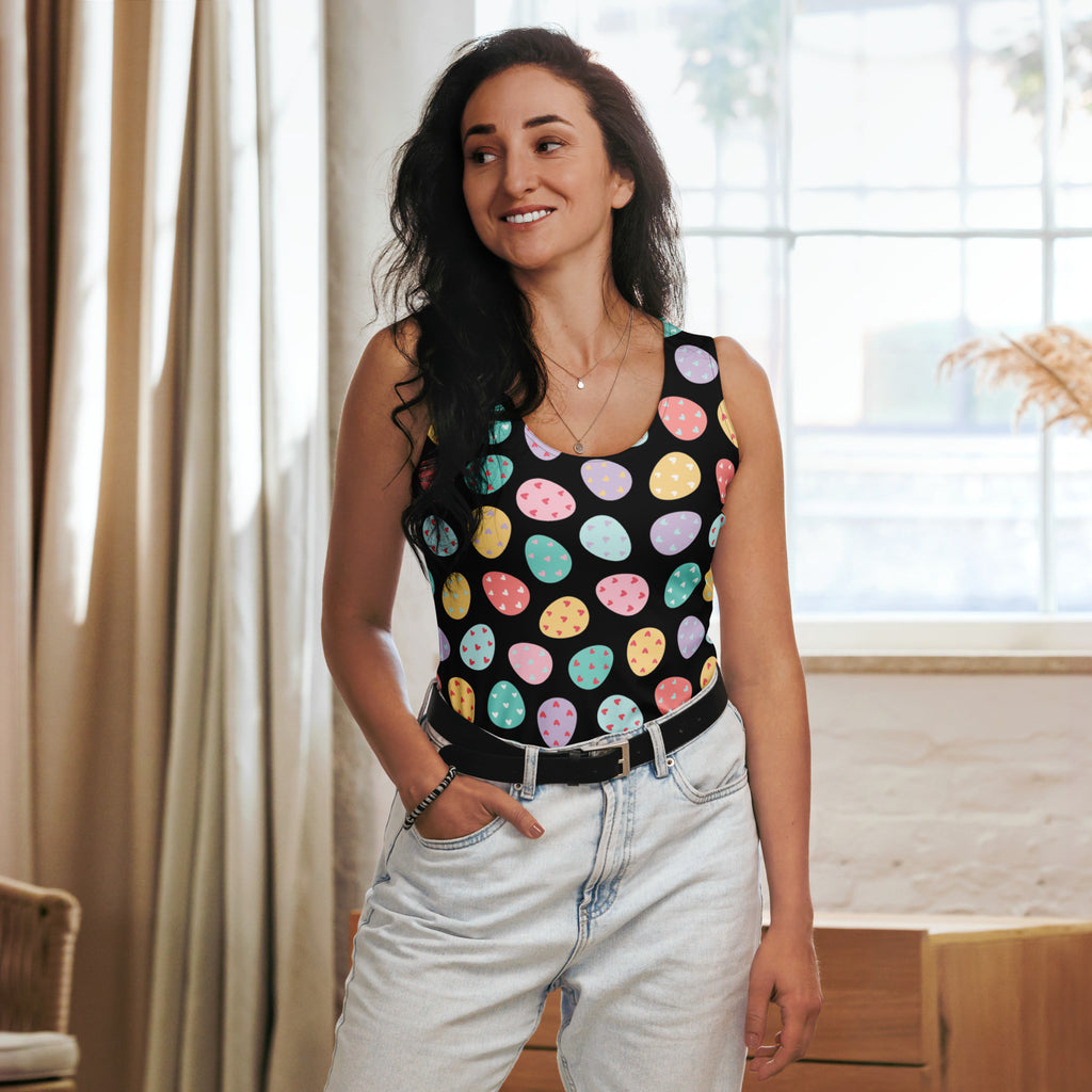 Women’s black sleeveless tank top with colorful pastel easter egg prints made of quick drying buttery soft fabric with upf 50+