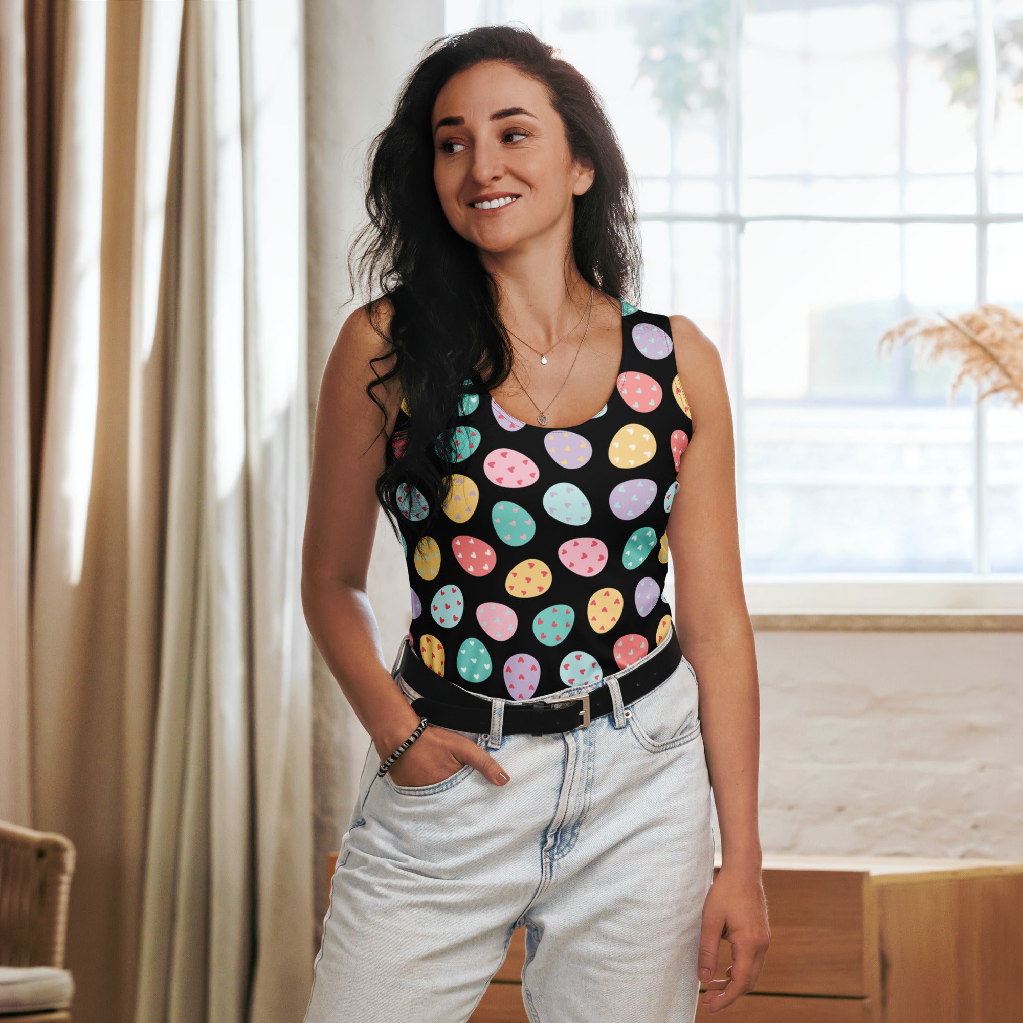 Women’s black sleeveless tank top with colorful pastel easter egg prints made of quick drying buttery soft fabric with upf 50+