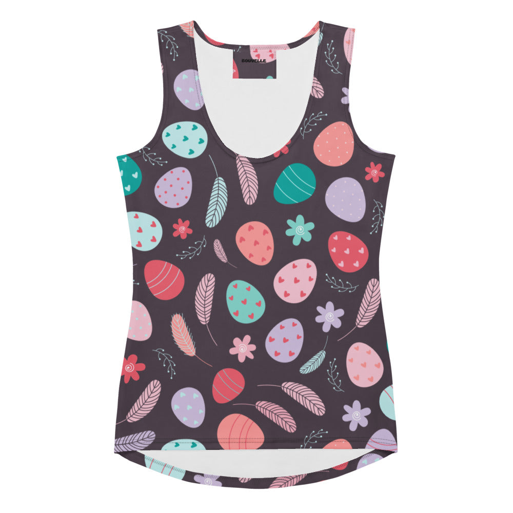 Women’s dark gray tank top with pastel floral easter egg pattern made of quick drying butter soft fabric with upf 50+