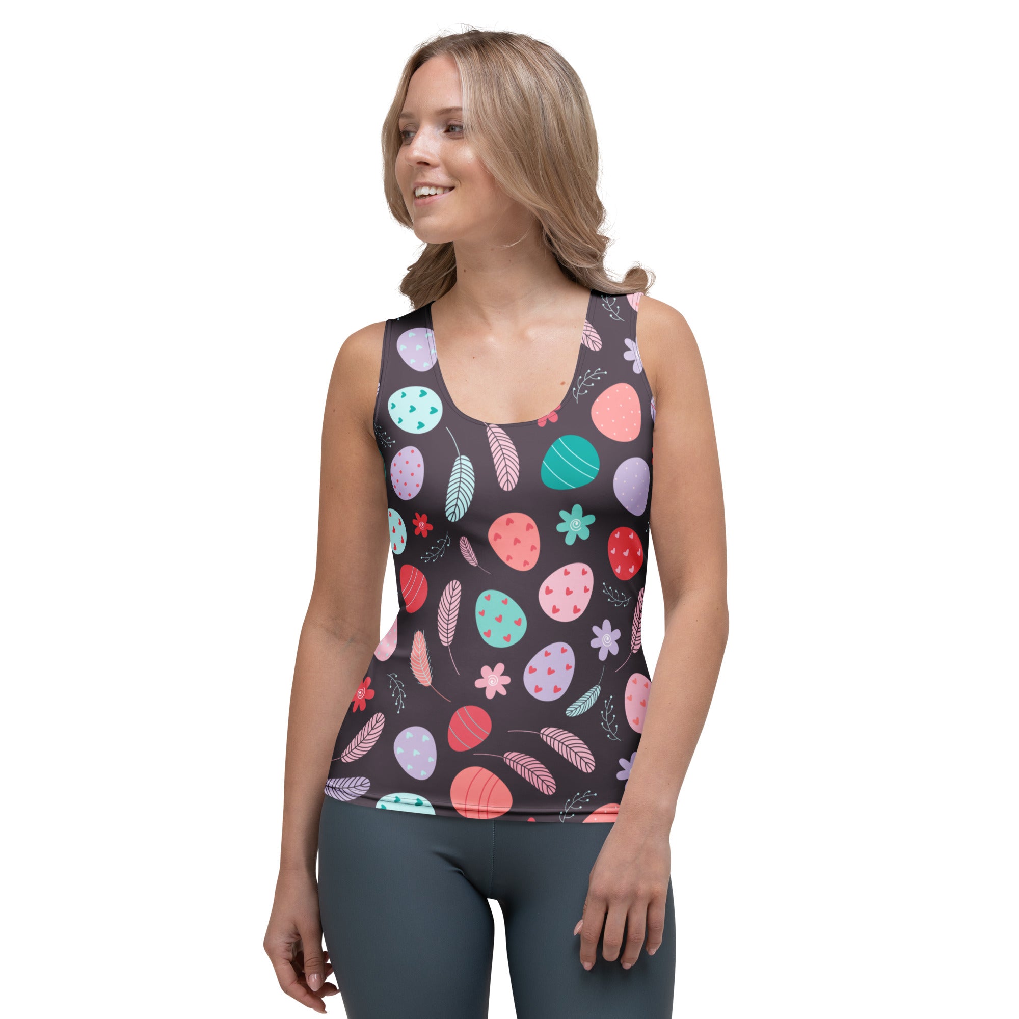 Women’s purple floral Easter egg tank top with colorful pattern, quick drying buttery soft fabric and UPF 50 plus protection