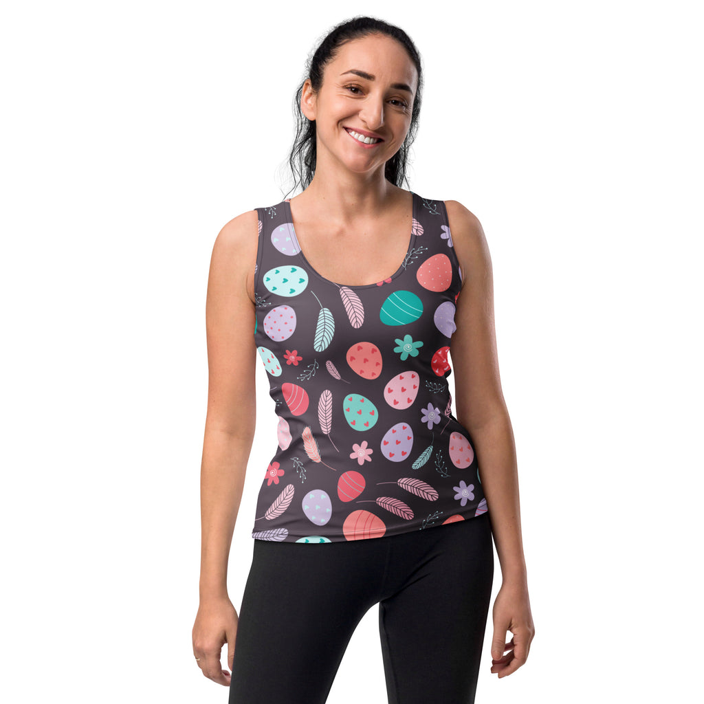 Women’s dark gray tank top with colorful pastel easter egg floral pattern made from quick drying buttery soft fabric with UPF 50+