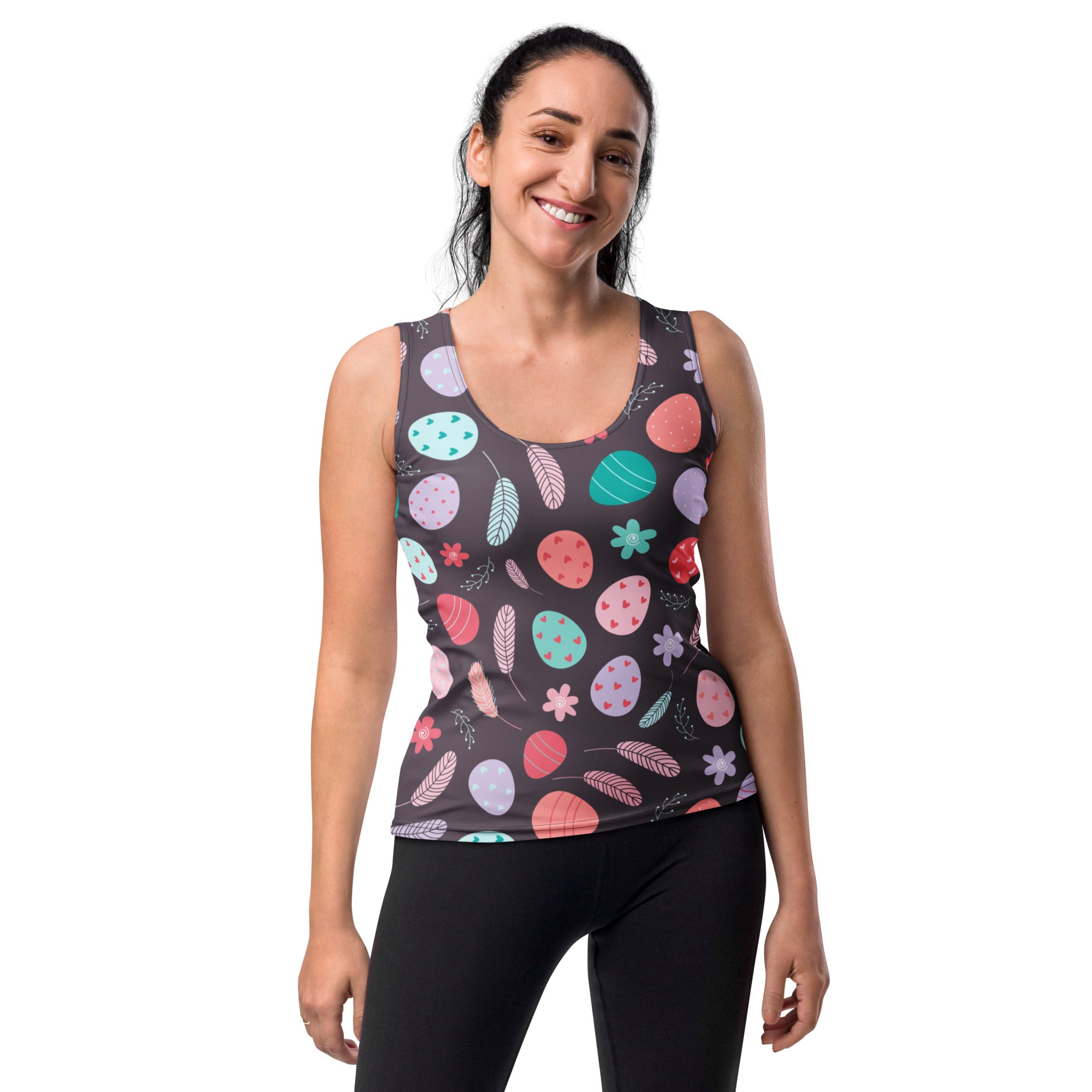 Women’s dark gray tank top with colorful pastel easter egg floral pattern made from quick drying buttery soft fabric with UPF 50+