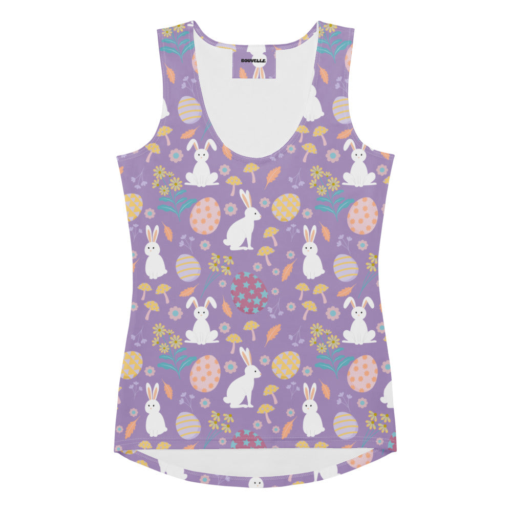 Women’s purple easter bunny tank top with quick drying buttery soft fabric and upf 50 plus featuring festive easter pattern