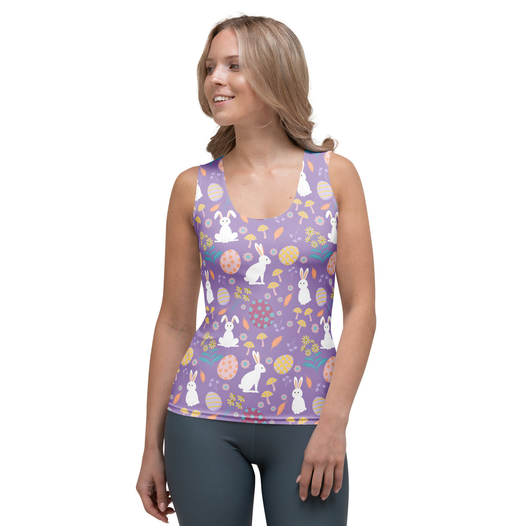 Women’s purple sleeveless easter bunny tank top with playful pattern quick drying buttery soft fabric upf 50 plus