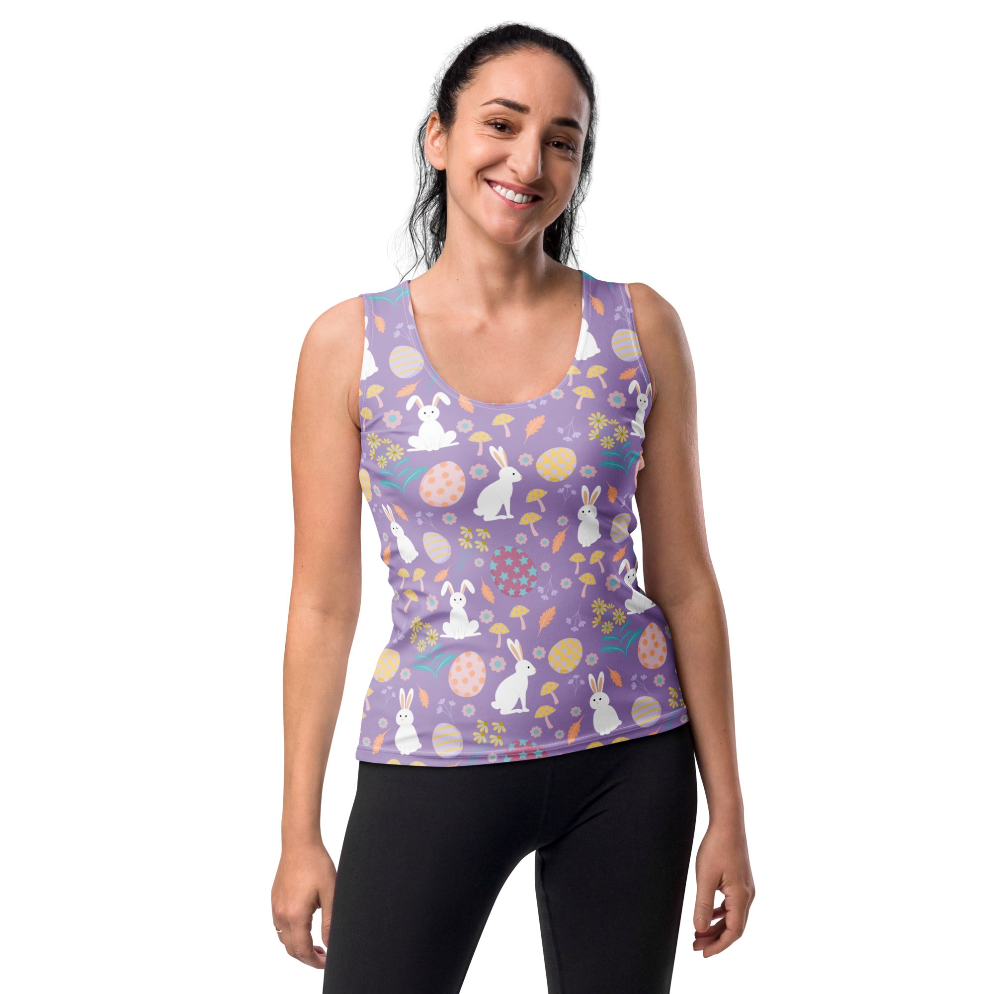 Women’s purple easter bunny tank top with white bunnies colorful eggs floral patterns quick drying buttery soft fabric upf 50+