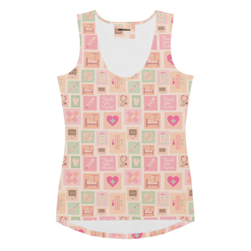 Women’s pastel pink and mint green nurse icon tank top with medical graphics quick drying buttery soft fabric upf 50+
